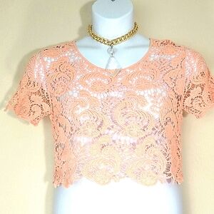 Top crop crotchet cotton lace Pastel Peach short sleeve Fairycore Sheer floral